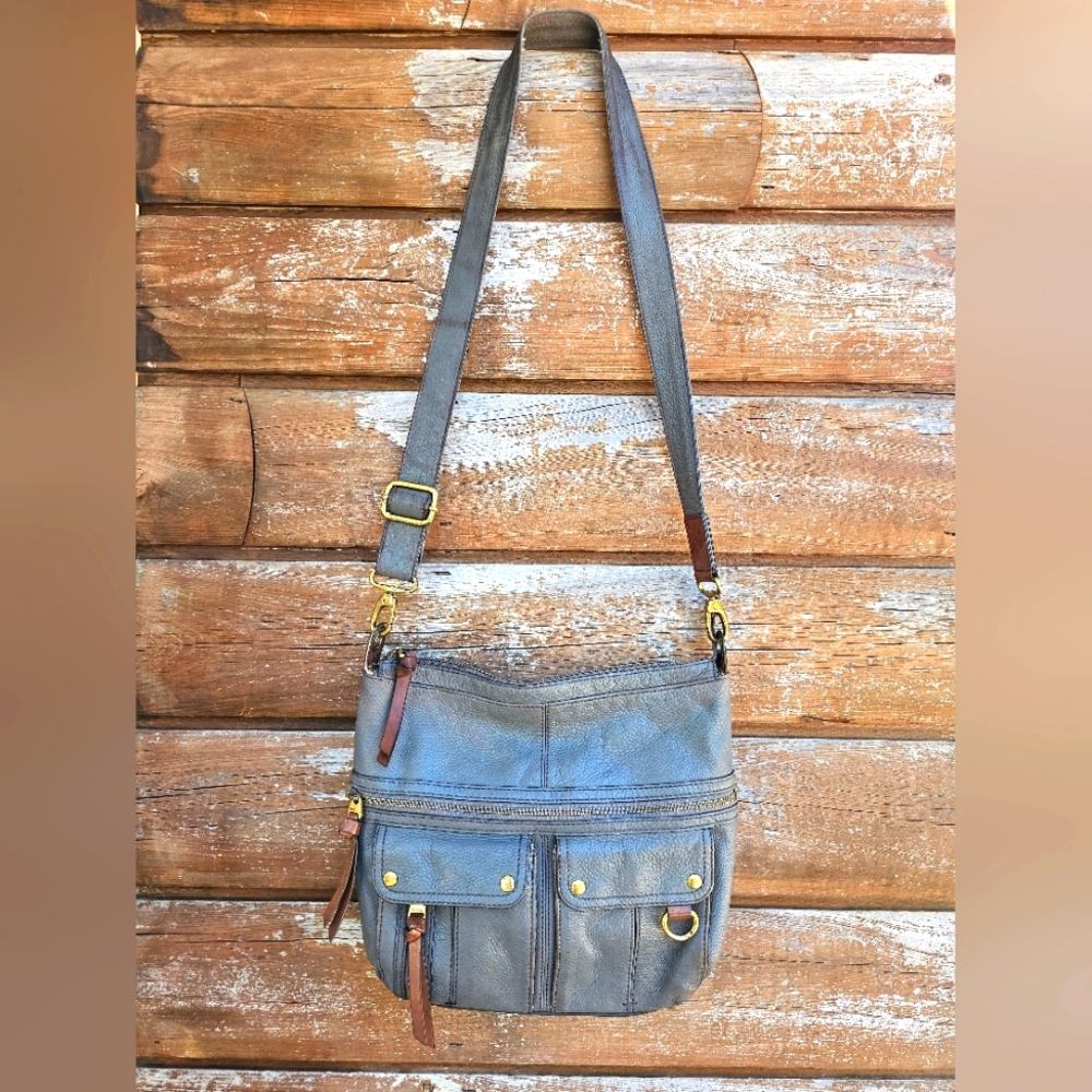 Fossil Morgan Large Crossbody Purse Gray Taupe Leather Bag w/ Storage Pockets